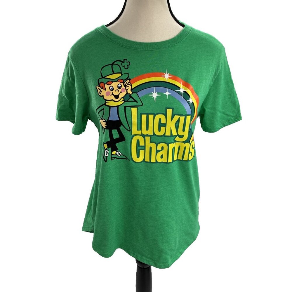 Lucky Charms Womens Graphic T Shirt Green Leprechaun Rainbow Logo Tee Size L